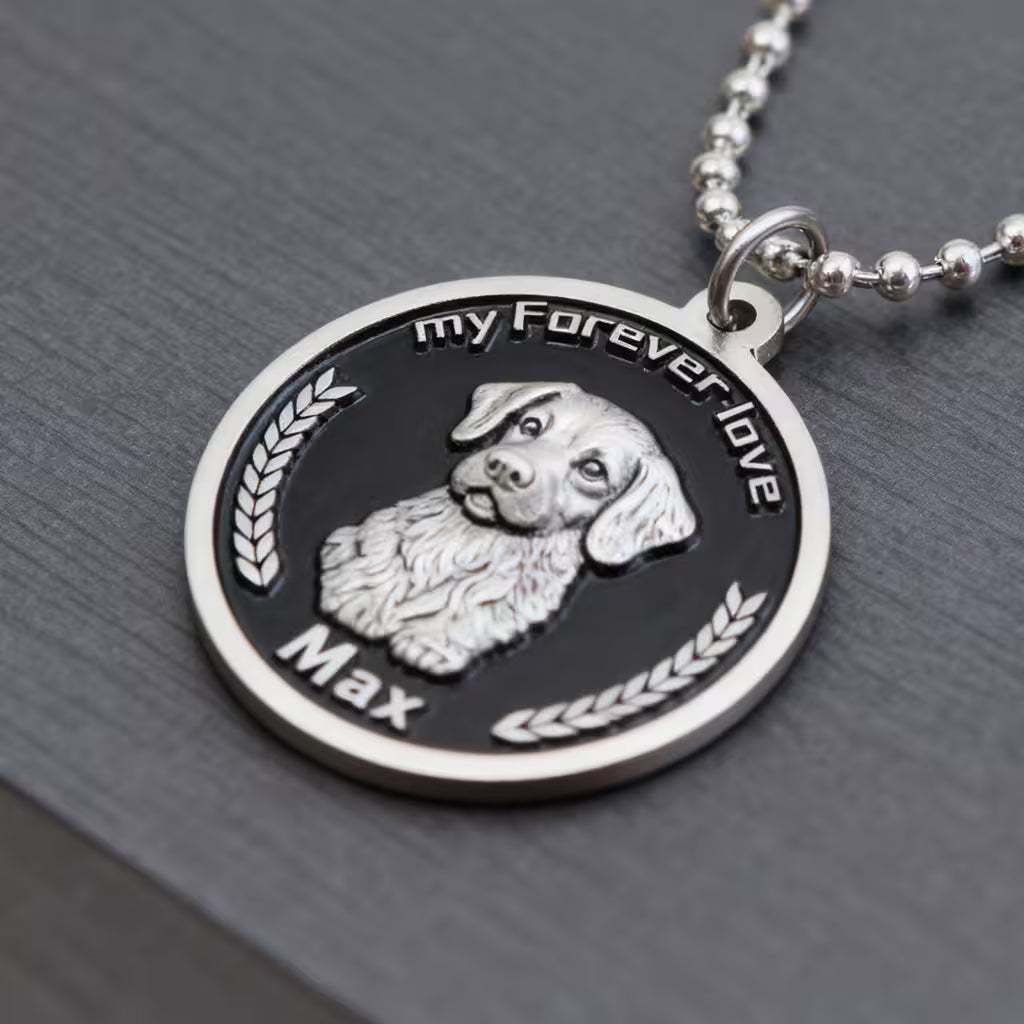 Black engraved 1.0 inch custom pet portrait necklace pendant by Furfond