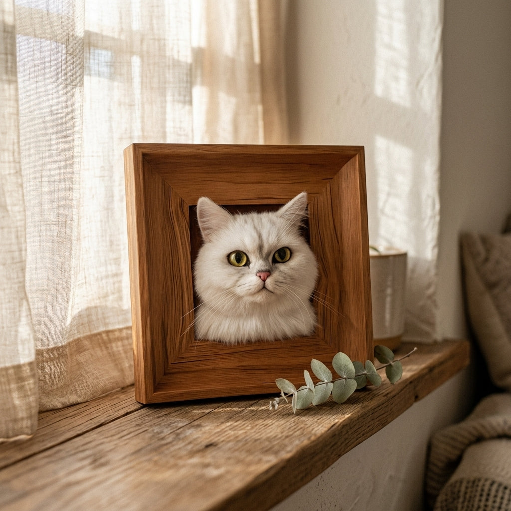 Custom pet portrait frame displayed on windowsill