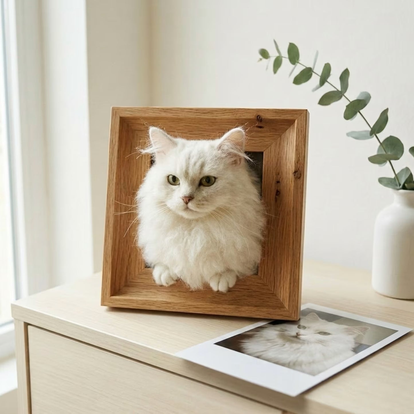Wool felt pet portrait head and upper body in oak frame with pet polaroid reference — Furfond