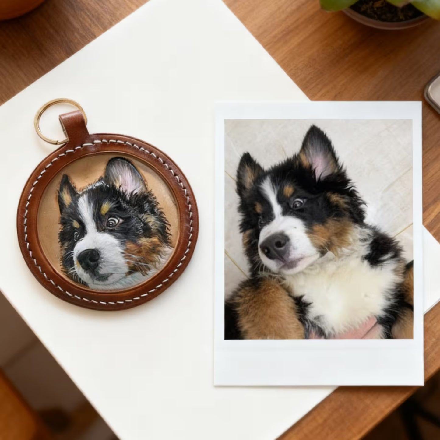 Custom pet keychain hanging on handbag accessory