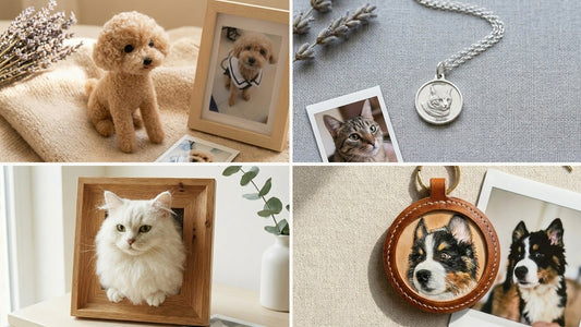 Four custom pet keepsakes flat-lay: wool felt plush, sterling silver necklace, portrait frame, and leather keychain — complete guide 2026