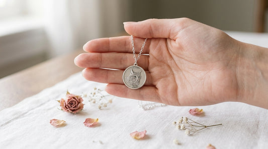 Hand holding a custom silver pet portrait necklace over white linen with dried rose petals