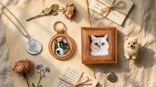 Custom pet memorial keepsakes flat-lay — silver necklace, leather keychain, framed portrait and plush toy — meaningful ways to carry your pet's memory