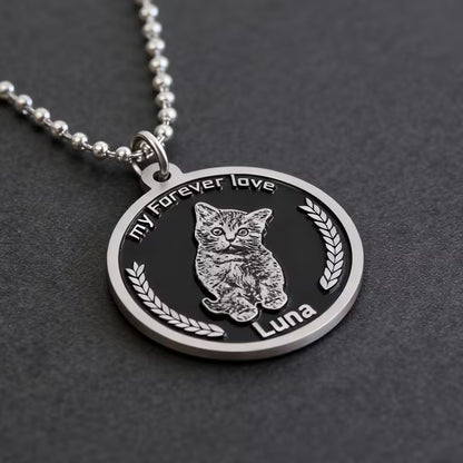 Black engraved 0.8 inch custom pet portrait necklace pendant by Furfond