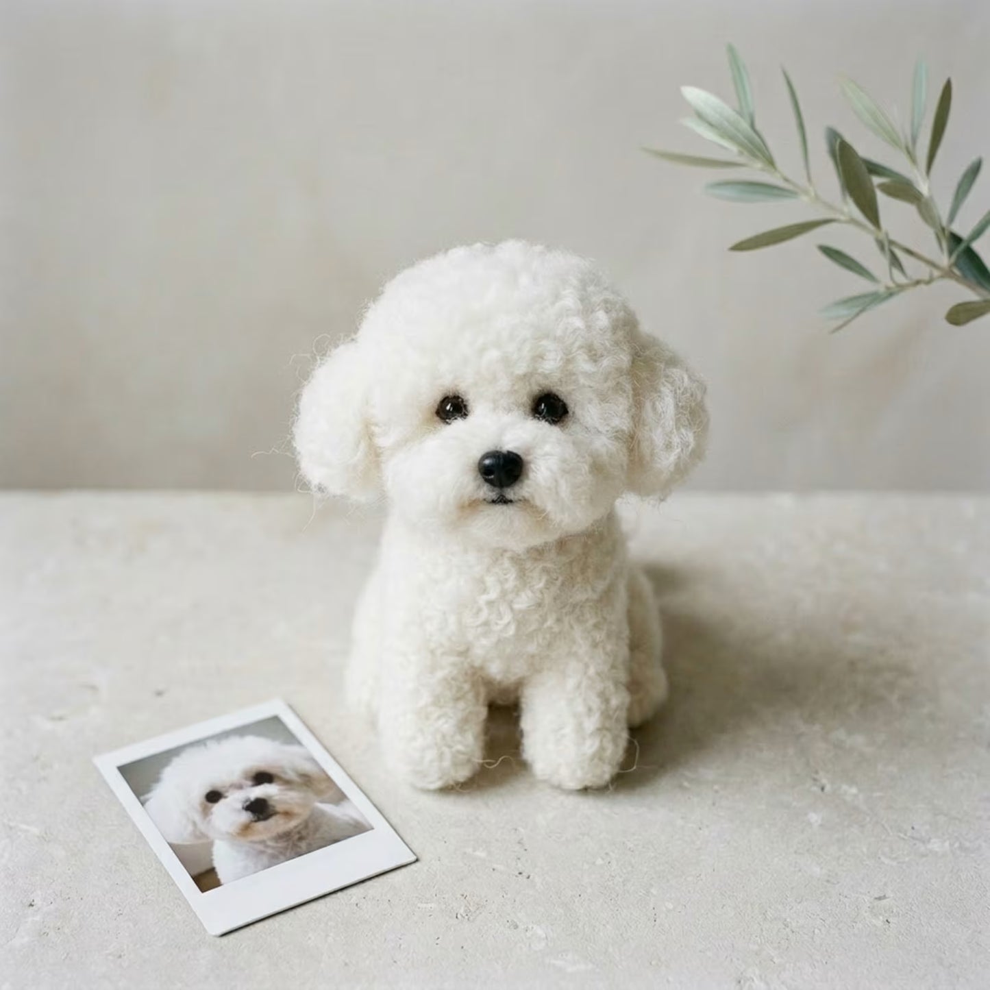 Custom wool felt white bichon pet plush 8 inch on stone with polaroid reference — Furfond