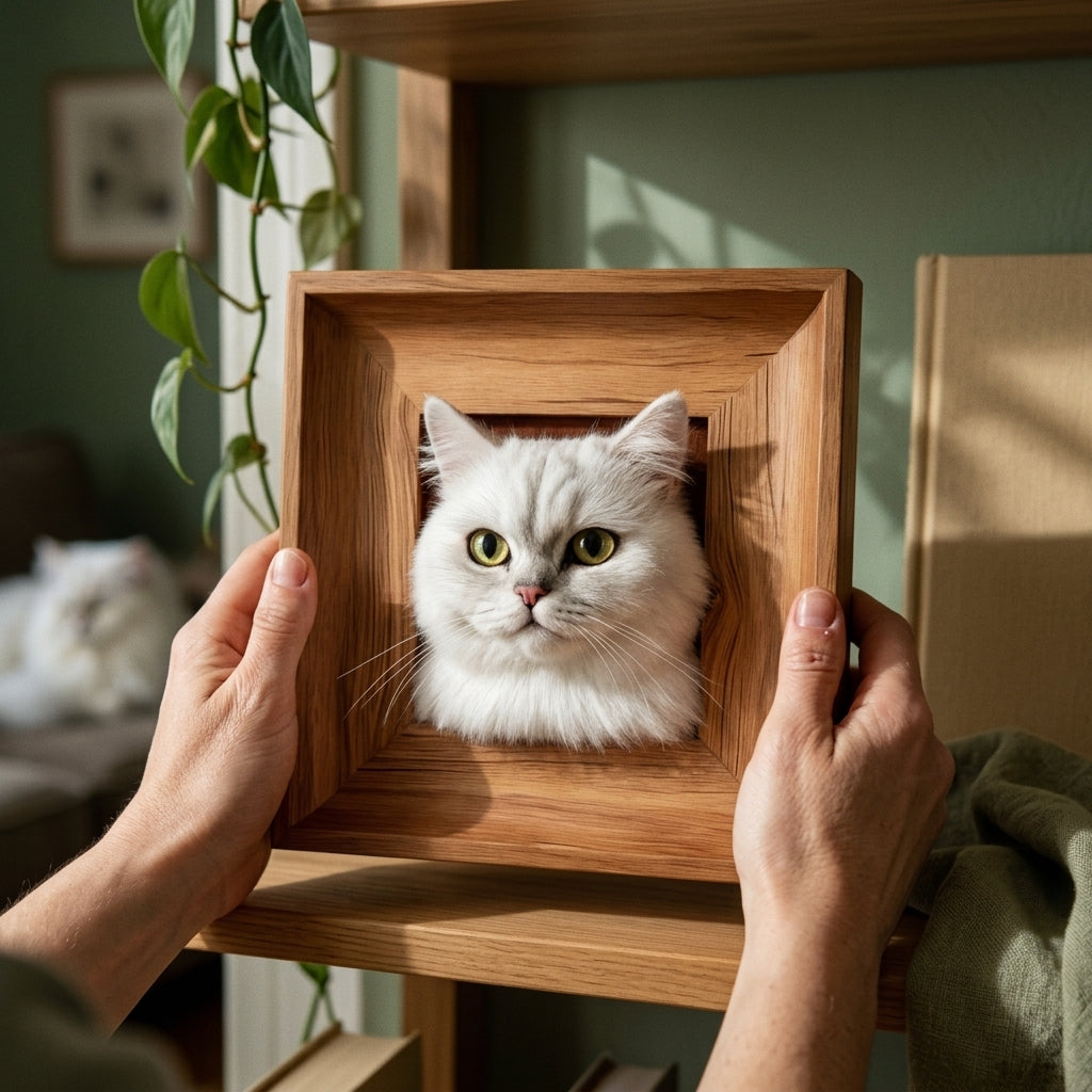 Hand-sculpted wool felt custom pet portrait frame in natural wood