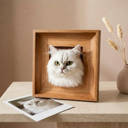 Wool felt pet portrait head only in oak frame with pet polaroid reference — Furfond