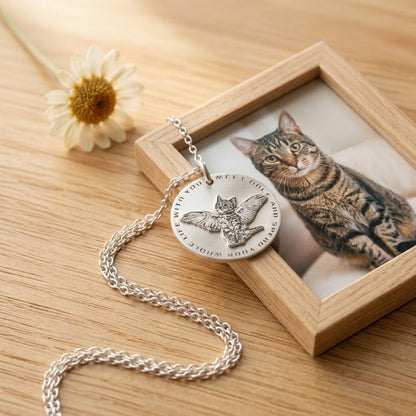 Double layer winged cat angel pendant necklace 0.8 inch with framed pet photo — Furfond