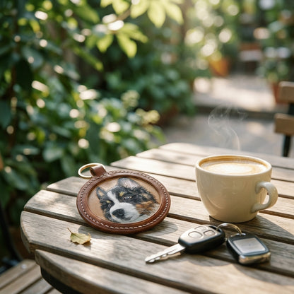 Hand-carved leather custom pet portrait keychain — cafe lifestyle