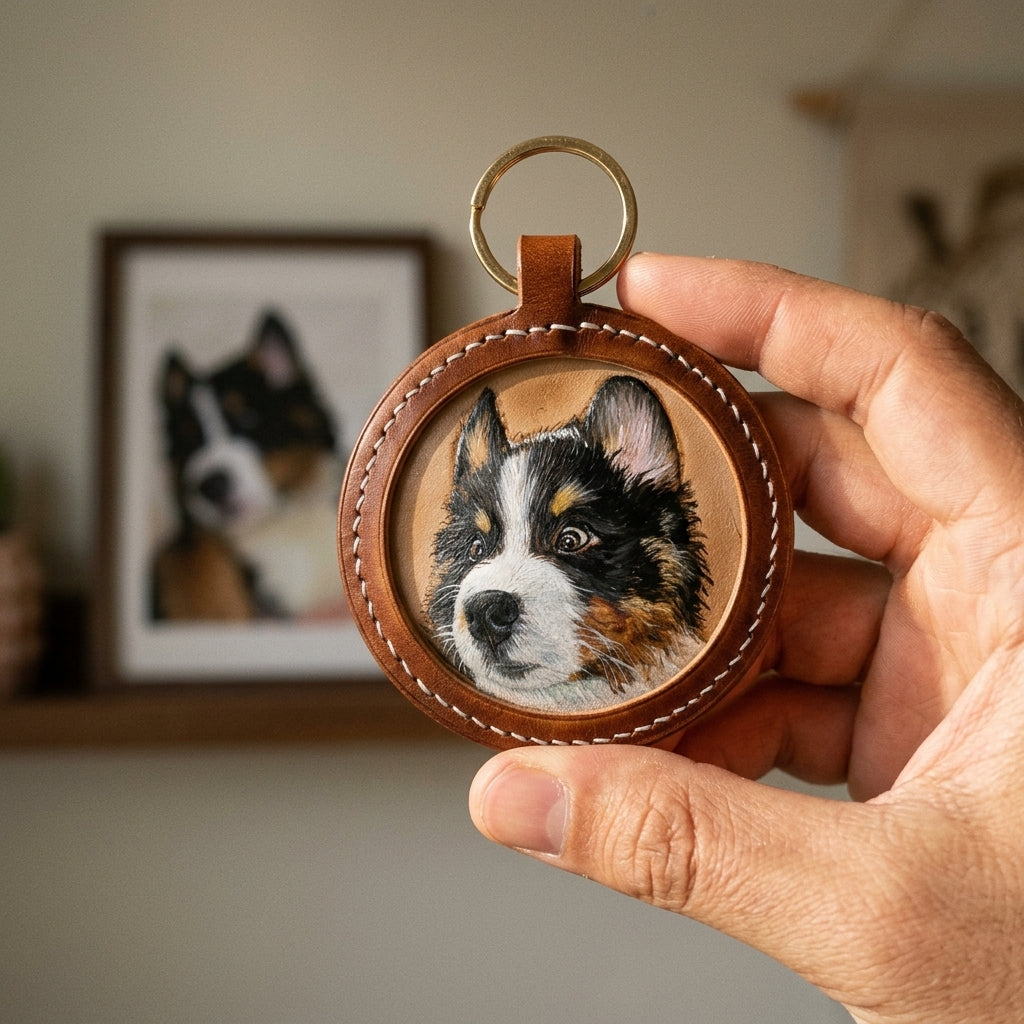 Hand-carved leather custom pet portrait keychain held in hand