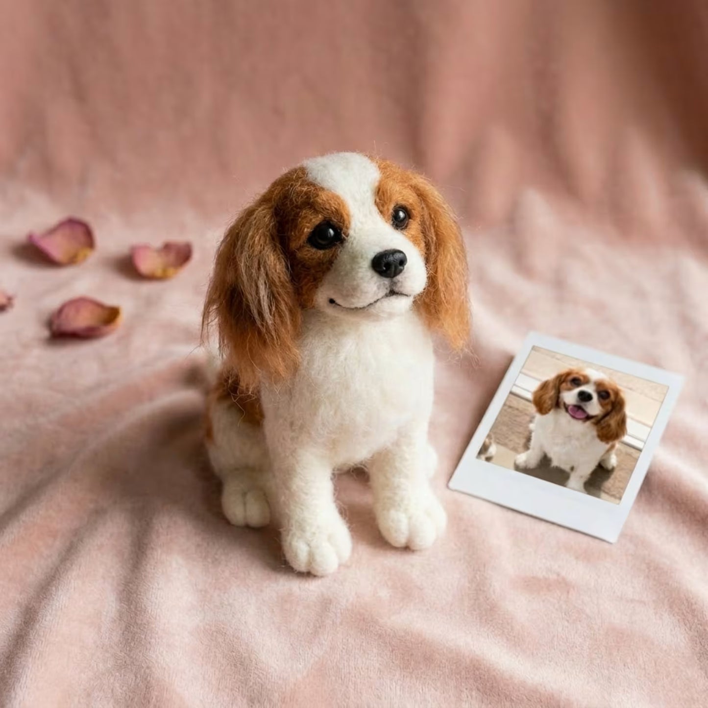 Custom wool felt tricolor Cavalier pet plush 8 inch on blush velvet with polaroid reference — Furfond