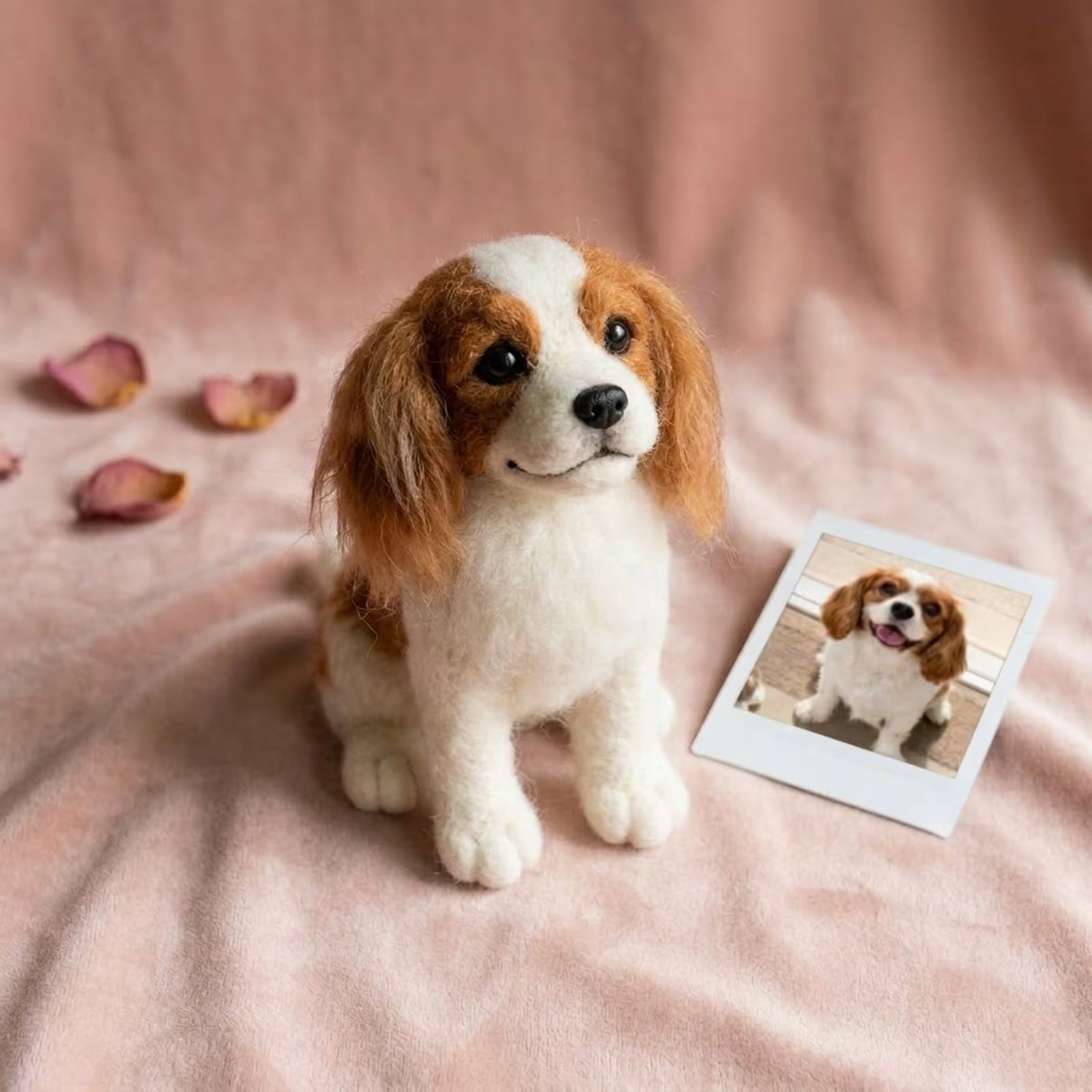 Custom wool felt tricolor Cavalier pet plush 8 inch on blush velvet with polaroid reference — Furfond