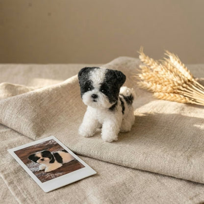 Custom wool felt black and white shih tzu pet plush 6 inch with polaroid reference on linen — Furfond