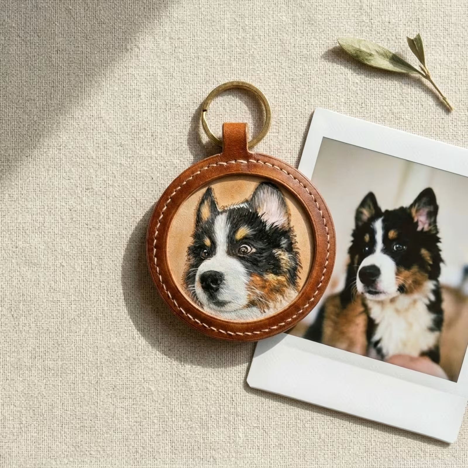 Leather round pet portrait keychain classic with pet polaroid reference flat lay — Furfond