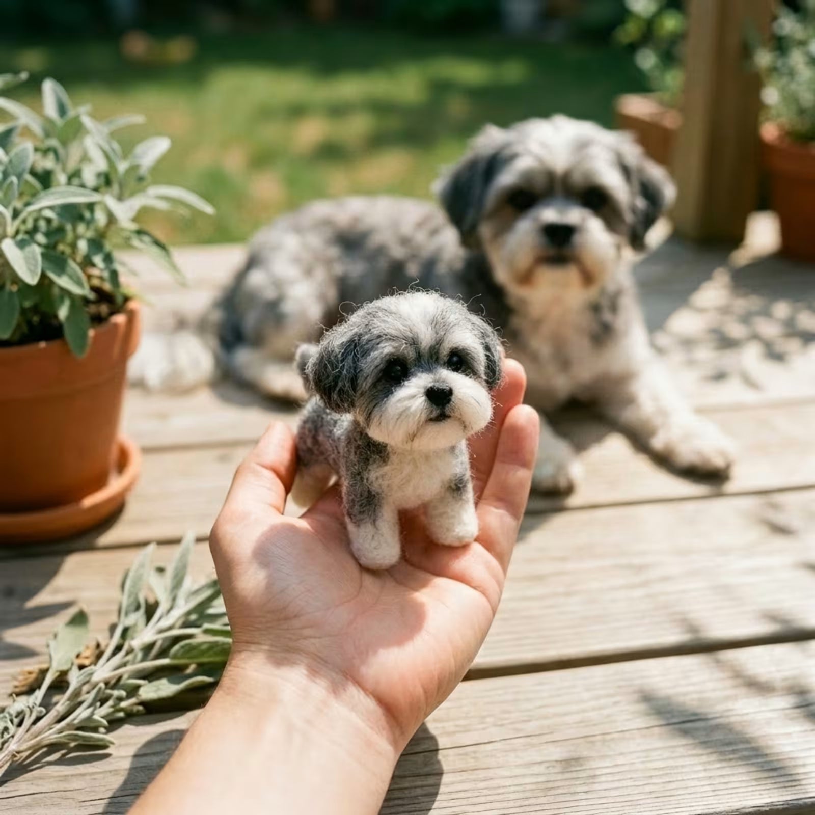 Custom wool felt mixed color pet plush 4 inch held in hand with real pet and polaroid reference — Furfond