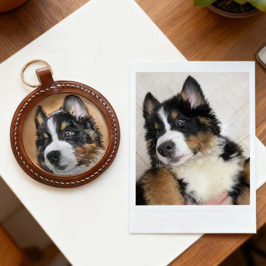 Custom pet keychain hanging on handbag accessory