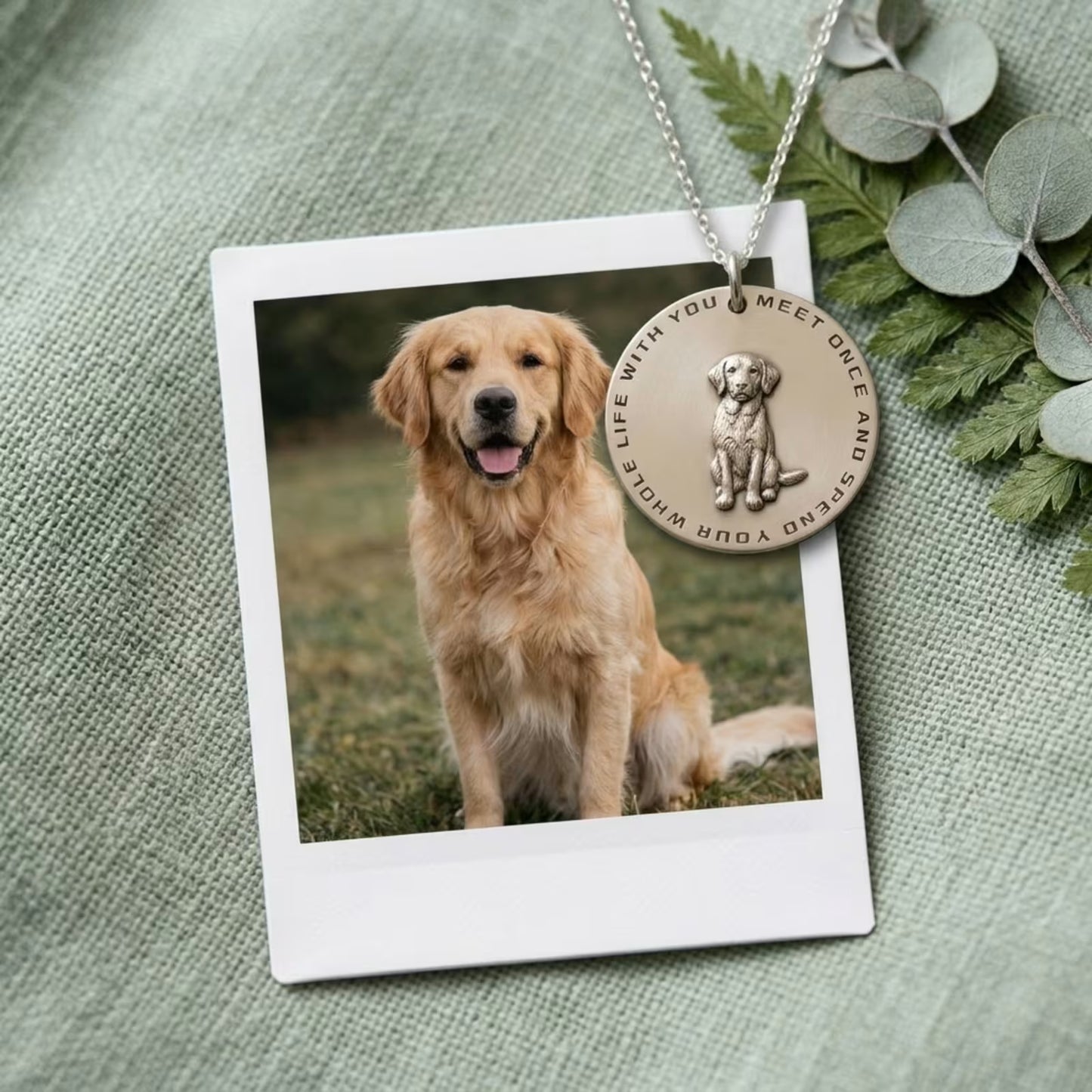 Double layer 3D raised dog pendant necklace 1.0 inch on sage linen with polaroid reference — Furfond