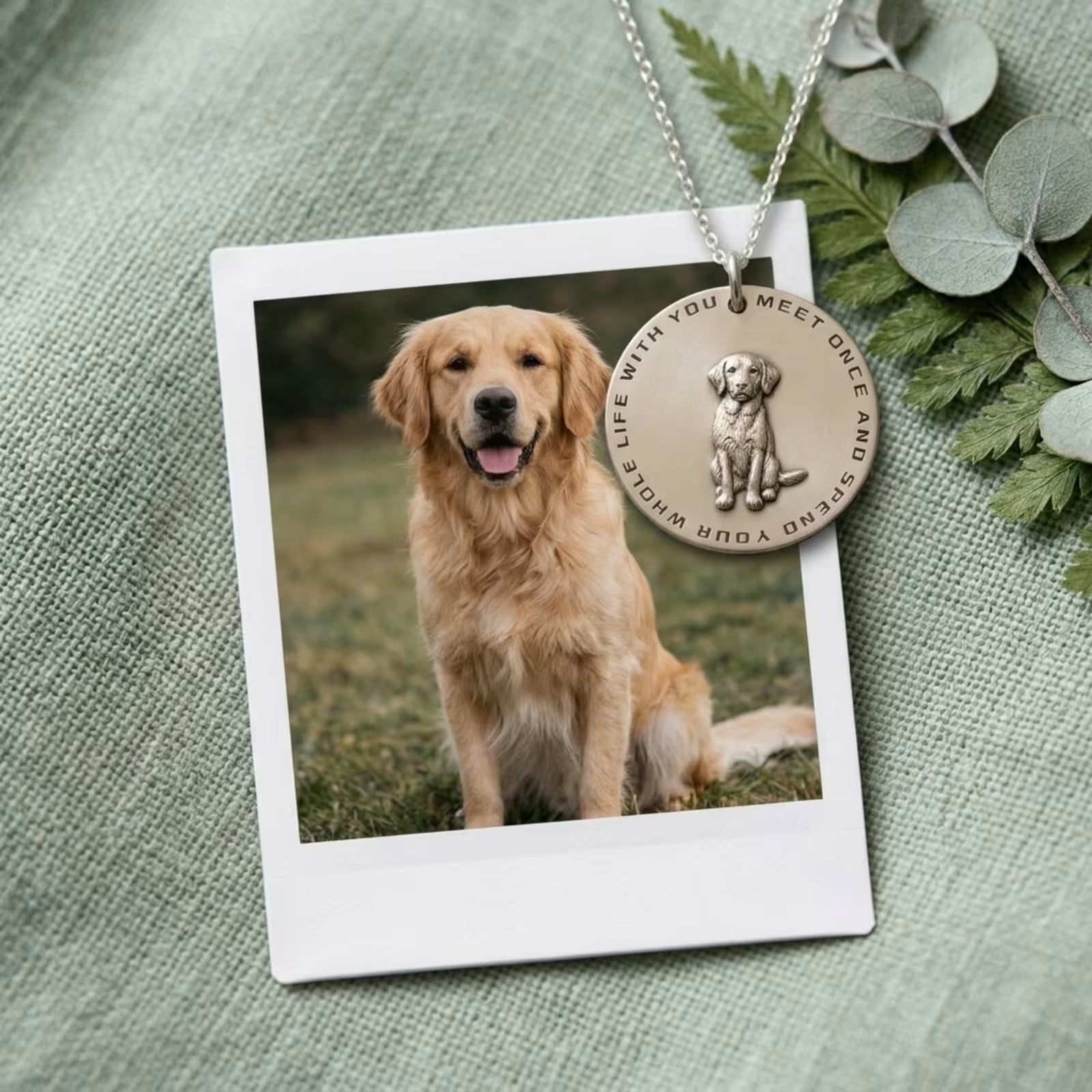 Double layer 3D raised dog pendant necklace 1.0 inch on sage linen with polaroid reference — Furfond