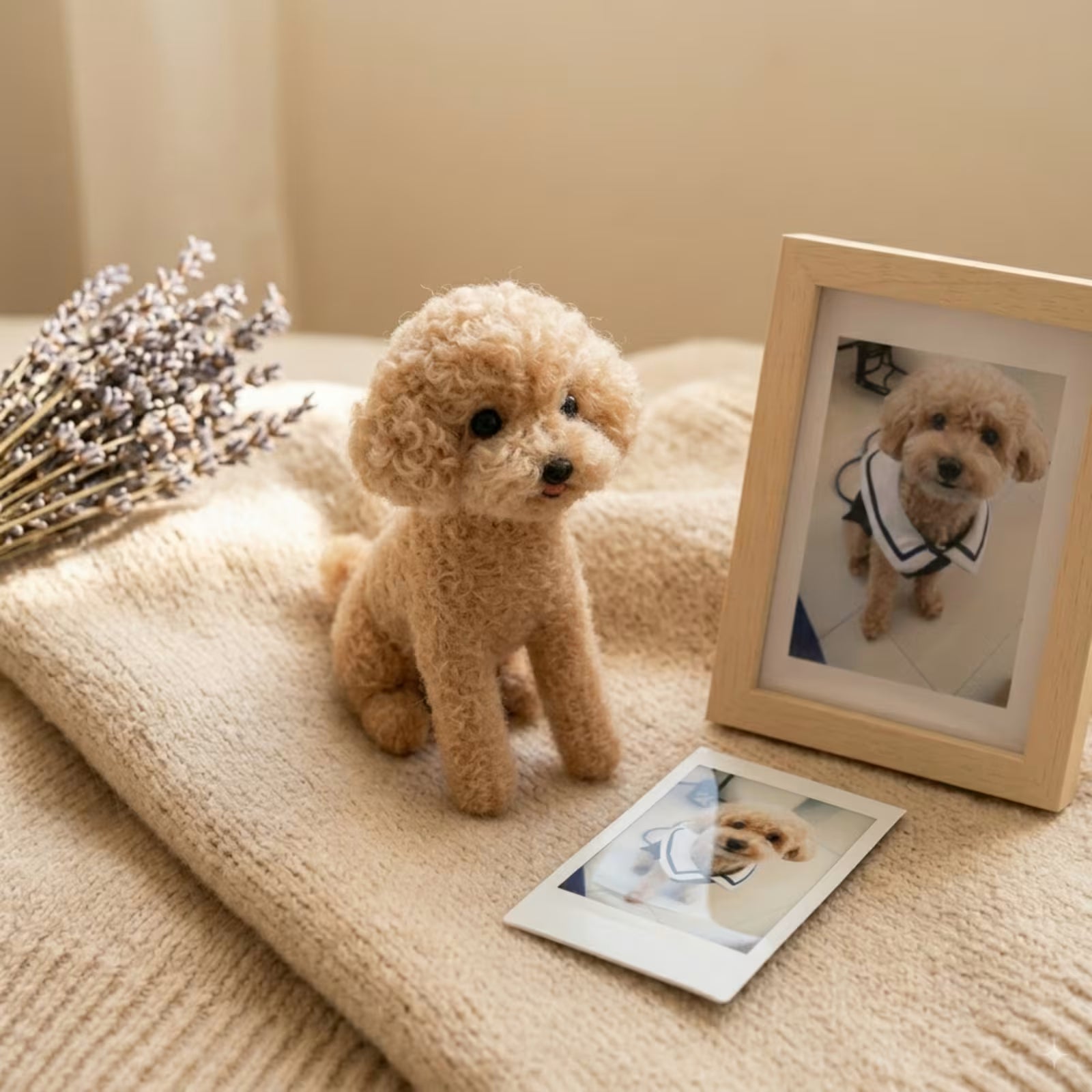 Custom wool felt apricot poodle pet plush 6 inch with framed photo reference — Furfond