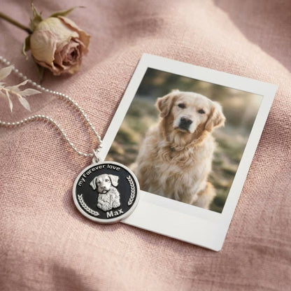 Black enamel 3D raised dog portrait necklace 1.0 inch on blush linen with polaroid reference — Furfond